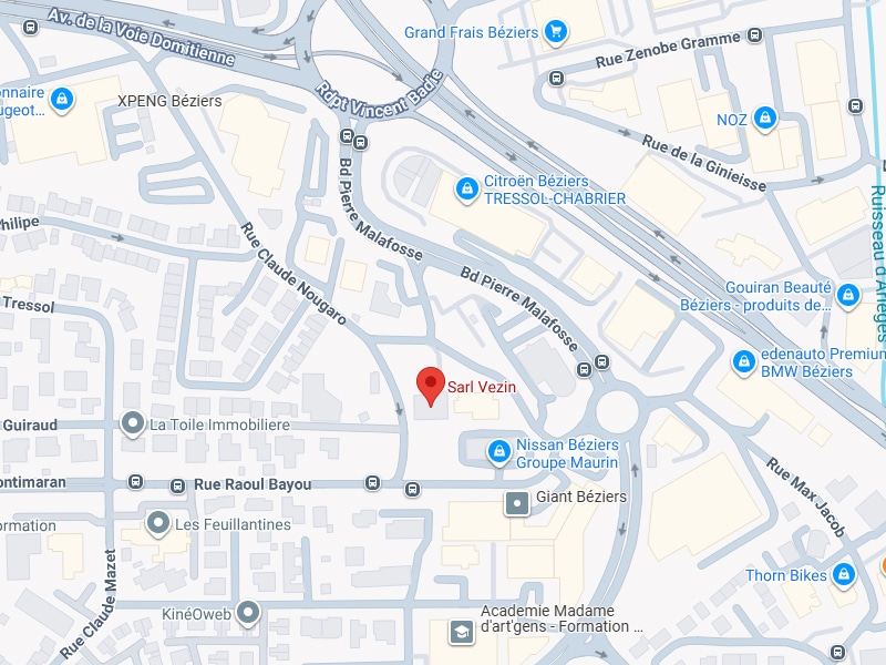 Béziers : Carte détaillée de la zone commerciale Malafosse. Carte routière de Béziers. Localisation de Sarl Vezin près du Bd Pierre Malafosse, de l'Av. de la Voie Domitienne et de Citroën Béziers.